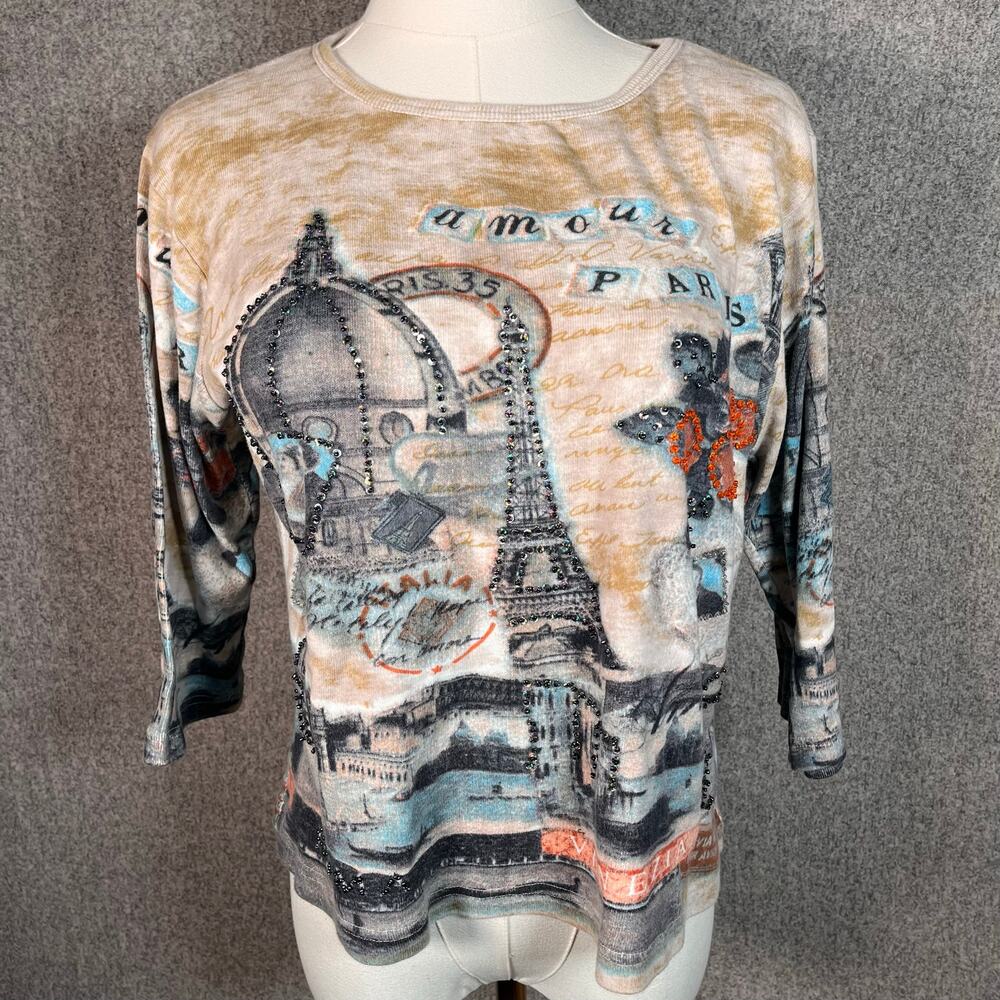 VTG 90s Y2K Womens Beaded Parisian Graphic Print 3/4 Sleeve Euro Shirt Size S/M